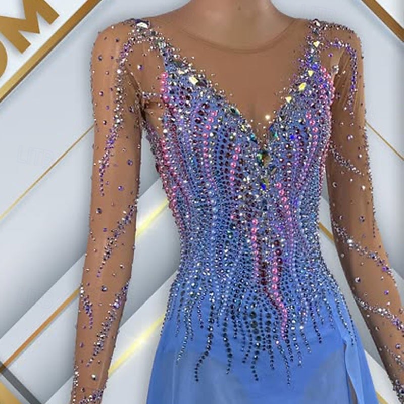Figure Skating Dress Women's Girls' Ice Skating Dress Sky Blue Open Back Mesh Spandex High Elasticity Training Competition Skating Wear Classic Crystal / Rhinestone Long Sleeve Ice Skating Figure4
