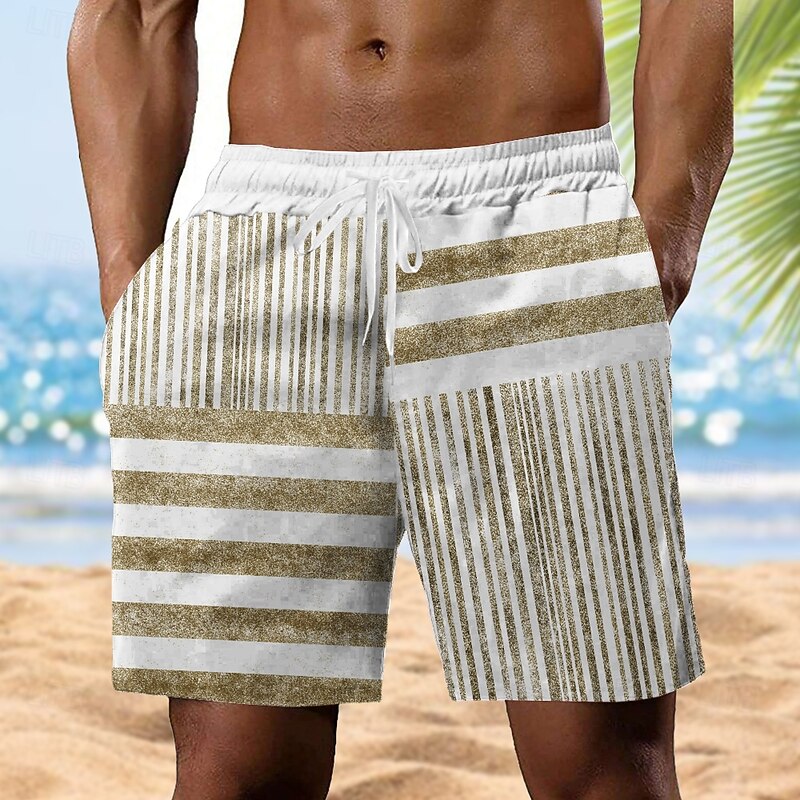 Men's Striped Geometric Pattern Sweat Shorts Beach Shorts Terry Shorts Mid Waist Vintage Casual Daily Holiday Streetwear Drawstring Elastic Waist 3D Print Designer Clothing Apparel3