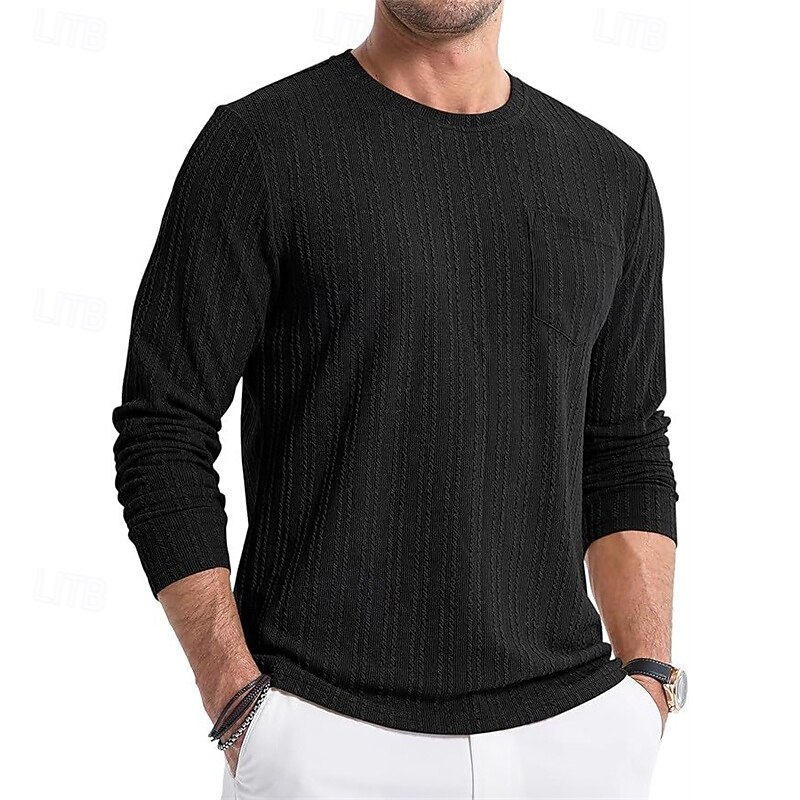 Men's T Shirt Tee Tee Top Long Sleeve Shirt Long Sleeve Crew Neck Spring &  Fall Plain Fashion Designer Basic Pocket Jacquard Vacation Street Going out Dark Brown Black White Top Tee for Men4