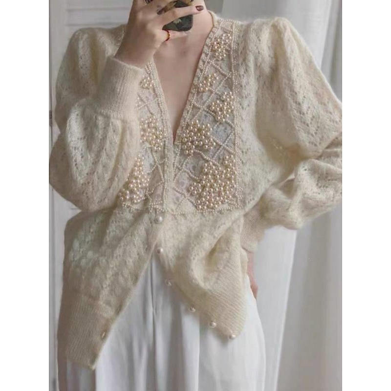 Women's Sweater Cardigan Casual Soft Pure Color Ribbed V Neck Lace Buttons Beaded Long Sleeve Regular Tops Knit Outdoor Daily Weekend Beige Fall Winter4