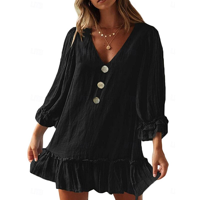 Women's Casual Dress Midi Dress Patchwork Hawaiian Casual V Neck Black Blue Beige Color2