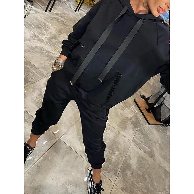 Women's Fashion Hoodies & Sweatshirts Chinos Long Sleeve Hooded Solid Color Sequins Work Daily Wear Black Royal Blue Gray Spring &  Fall Regular Fit3
