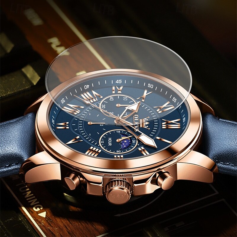 Olevs Men's Business Watch Glow-In-The-Dark Small Three-Pin Moon Phase Display Multi-Functional Quartz Watch Elbow Fashion Simple Casual Men's Waterproof Watch4