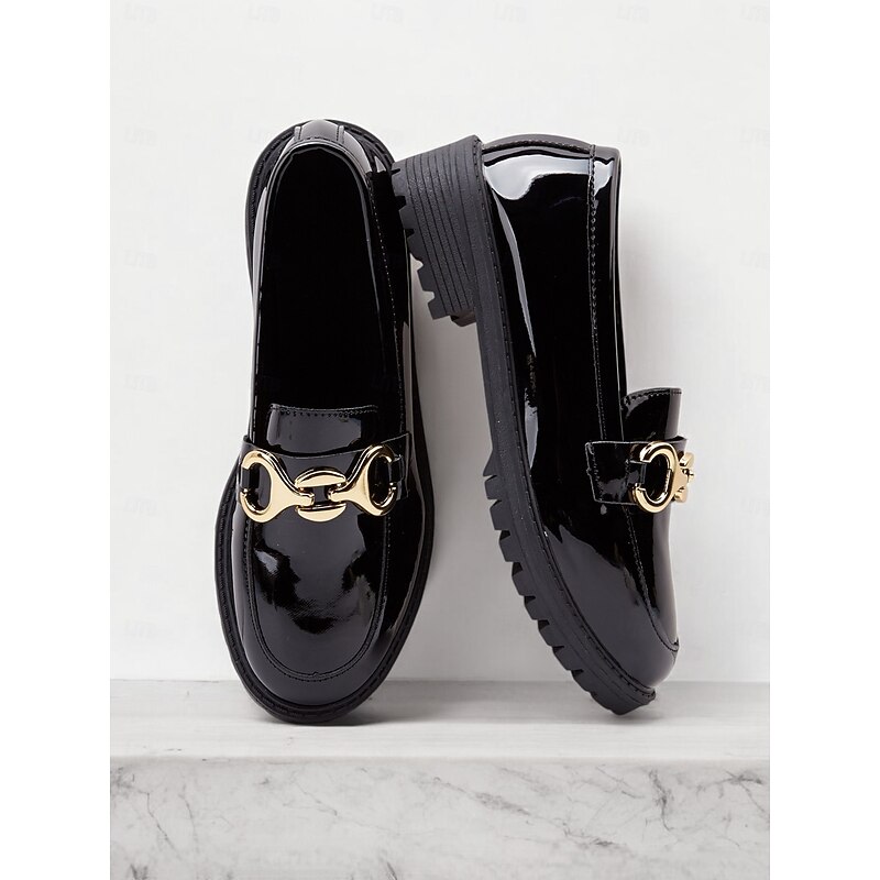 Women's Trendy Black Patent Leather Loafers with Chunky Sole and Metal Chain | Perfect for Casual and Dressy Occasions