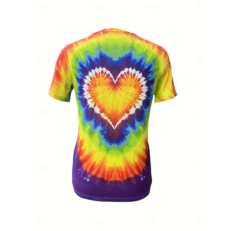 Valentine Women's Heart T Shirt Cute Tie Dye Regular Tops Short Sleeve Round Neck Print Regular Fit Daily Rainbow Summer3