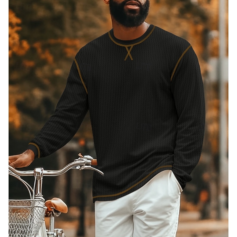 Men's Waffle Tee T Shirt Waffle Knit Tee Long Sleeve Crew Neck Summer Spring Fall Solid Color Knitwear Fashion Daily Color Block Formal Outdoor Home Black Green White Top Tee for Men3