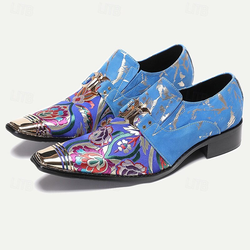 Men's Blue Floral Pattern Cowhide Leather Loafers with Metal Toe Cap – Stylish Dress Shoes for Weddings, Parties, and Formal Events3