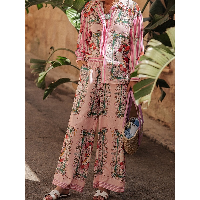 Women's Fashion Streetwear Daily Shirt Blouse Wide Leg Pants Long Sleeve Shirt Collar Floral Color Block Print Casual Daily Pink Spring &  Fall Regular Fit3