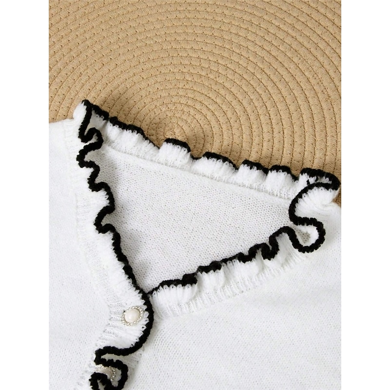 Women's Sweater Cardigan Casual Soft Pure Color Ribbed V Neck Ruffle Buttons Knitted Long Sleeve Regular Tops Knit Outdoor Daily Weekend Black White Fall Winter3