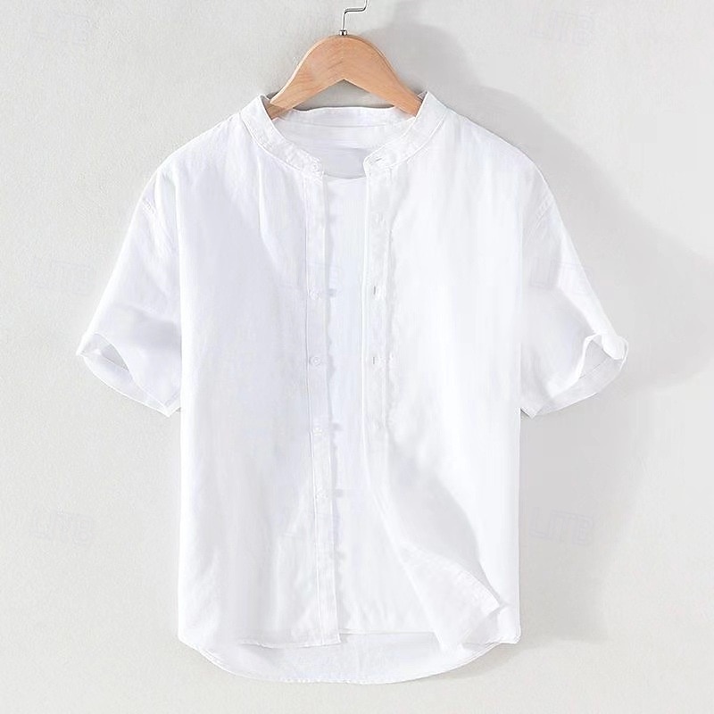 Men's Shirt Chinese Collar Shirt Mandarin Collar Shirt Casual Shirt Button Up Shirt Cotton Shirt Plain Vacation Street White Navy Blue Khaki Light Grey Short Sleeve Grandad Collar Summer Clothing