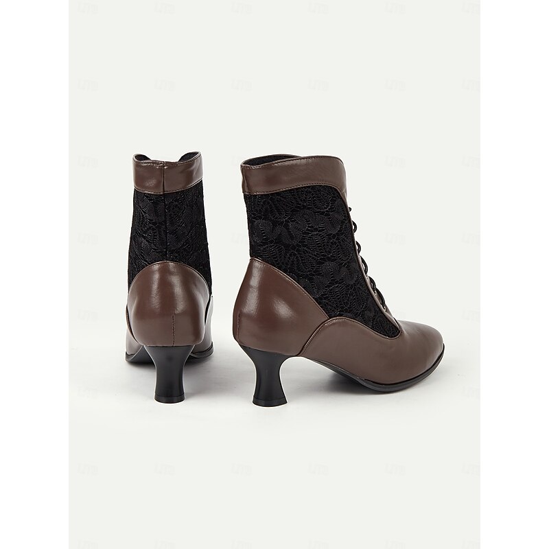 Women's Black Victorian Lace-Up Ankle Boots with Lace Panel and Kitten Heels - Elegant Vintage Style for Formal and Casual Occasions4