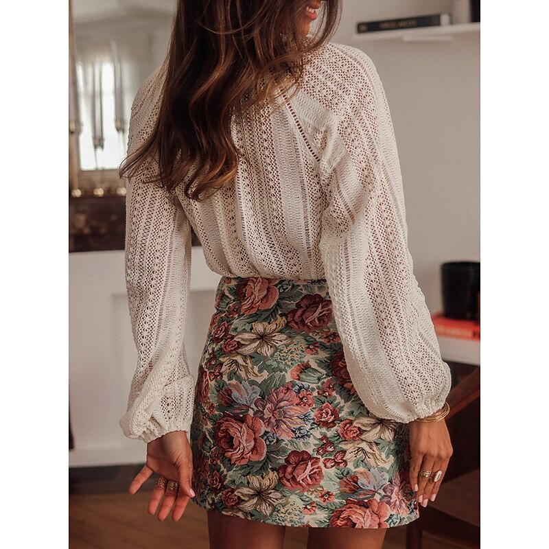 Women's Shirt Blouse Plain Bohemia Casual Long Sleeve Shirt Collar Regular Tops Daily Buttons Eyelet Beige Summer Spring Fall2