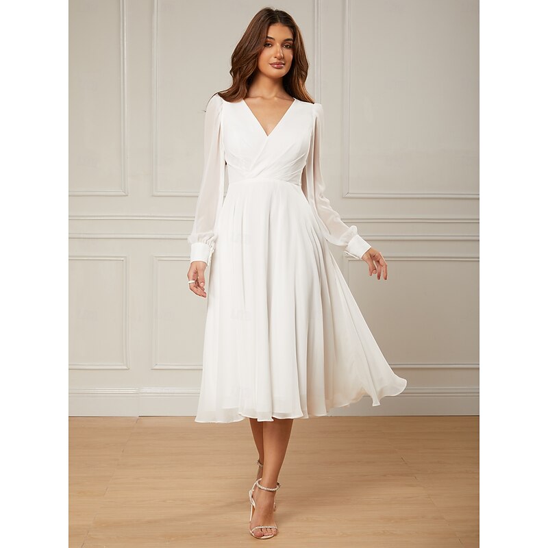 Wedding Dresses Beach Wedding A-Line V Neck Long Sleeve Ankle Length Chiffon Bridal Gowns With Solid Color4