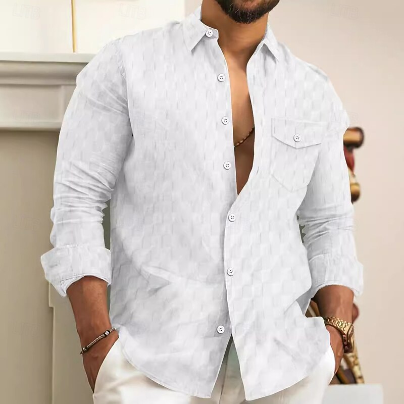 Men's Shirt Summer Shirt Casual Shirt Button Up Shirt Untucked Shirts Black White Light Green Blue Dark Green Long Sleeve Plain Lapel Vacation Hawaiian Front Pocket Clothing Apparel Fashion Casual2