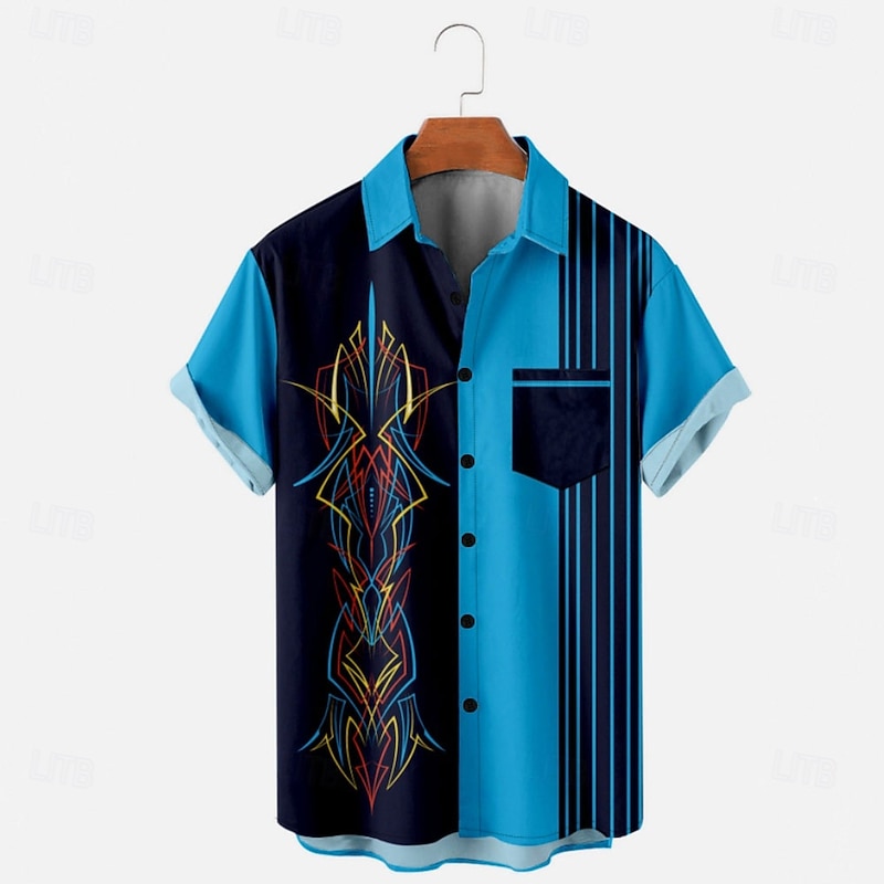 Men's Line Pinstripe Casual Shirt Button Up Shirt Short Sleeve Abstract Casual Causal Casual Spring Fall Turndown Button Up Blue