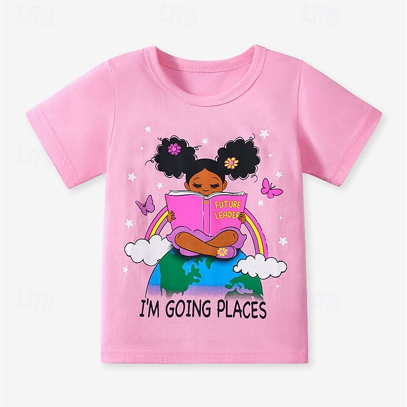 Multi Packs 3pcs Girls' Crew Neck Short Sleeves Rose Red+Blue+Pink T Shirt Tee Top Print Graphic Vacation Daily Wear 100% Cotton Spring & Summer2