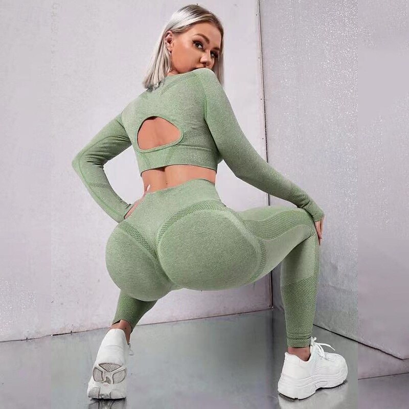 Women's Sports Bra with Tights Yoga Set 2 Piece Solid Color Clothing Suit ArmyGreen Black Yoga Fitness Gym Workout High Waist Breathable Soft Long Sleeve Sport Activewear Micro-elastic Slim2