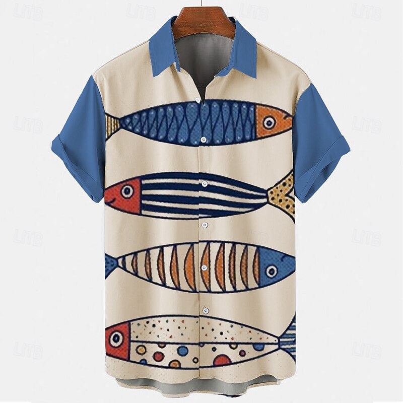 Men's Fish Casual Shirt Button Up Shirt Short Sleeve Fashion Casual Casual Summer Spring Turndown Button Up Blue Orange
