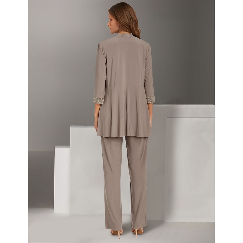 Pantsuit Beach Wedding 3 Piece Mother of the Bride  Elegant Jewel Neck Floor Length Chiffon Long Sleeve Wrap Included with Lace Solid Color2