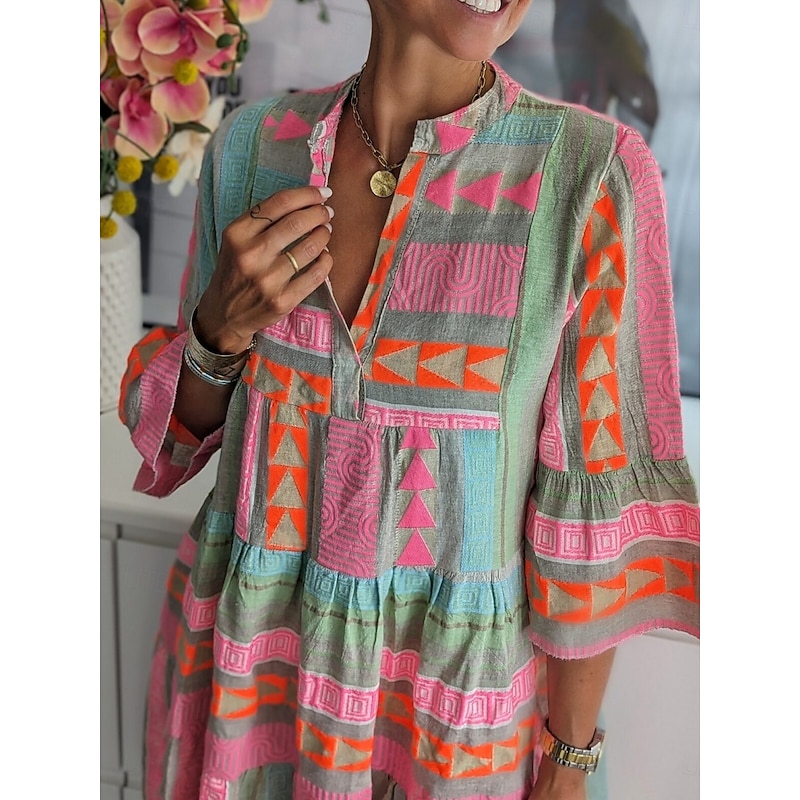 Women's Mini Dress Petite Dress Casual Dress Swing Dress Boho Dress Casual Daily Regular Fit Geometric 3/4 Length Sleeve V Neck Pink Summer Spring Fall3
