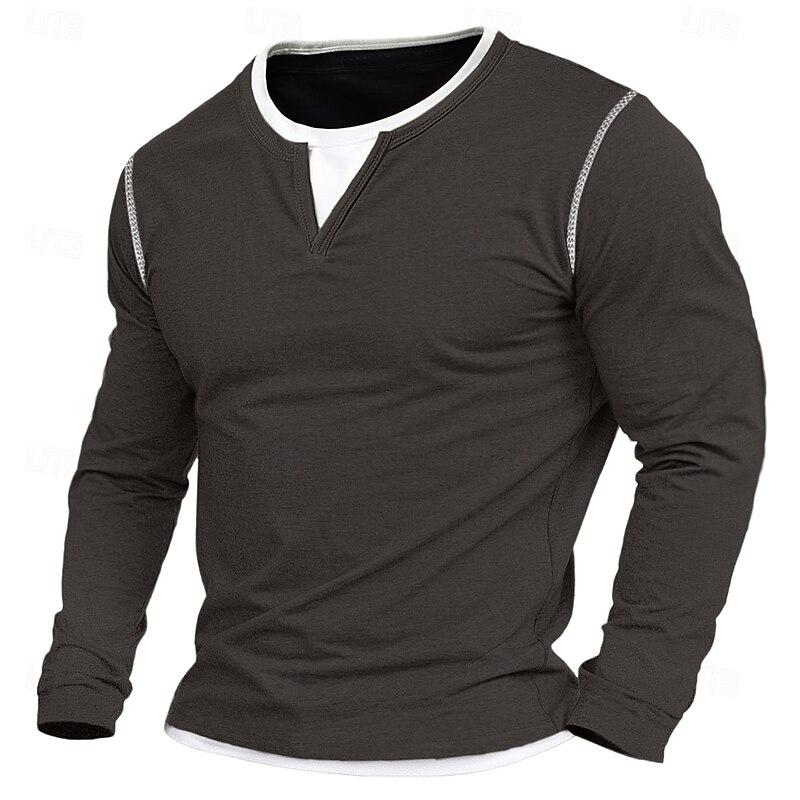 100% Cotton Men's Shirt V Neck Tee Long Sleeve Shirt Solid Color Patchwork V Neck Outdoor Street Long Sleeve Fake two piece Clothing Apparel Daily Casual Street Style2
