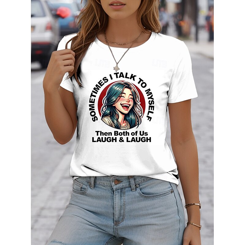 Women's T Shirt Cartoon Casual Short Sleeve Round Neck Regular Tops Daily Print White Summer2
