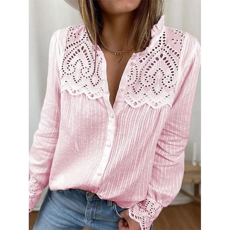 Women's White Elegant Lace Tops Eyelet Blouse Casual Solid Color Regular Tops Long Sleeve Shirt Collar Buttons Regular Fit Daily Romantic Petite Tops Summer Holiday Wear White Pink Blue2
