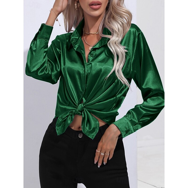 Women's Shirt Elegant Dressy Satin Solid Color Business Modern Casual Long Sleeve Shirt Collar Regular Tops Work Formal Wear Buttons Pink Green Beige Summer Spring3
