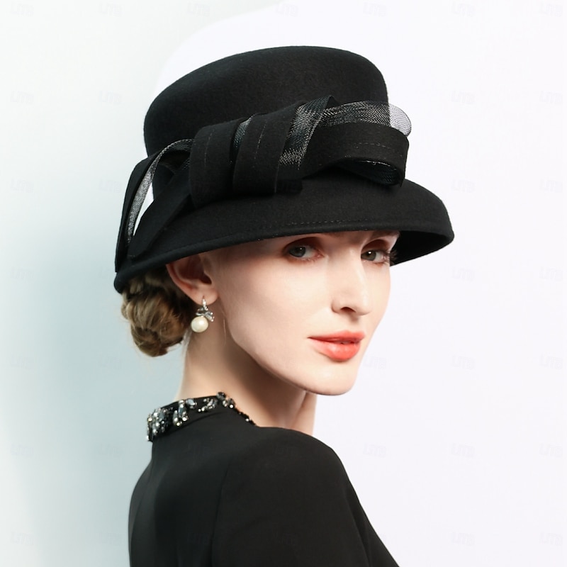 Hats 100% Wool Bowler / Cloche Hat Bucket Hat Wedding Tea Party Elegant Wedding With Bowknot Splicing Headpiece Headwear3