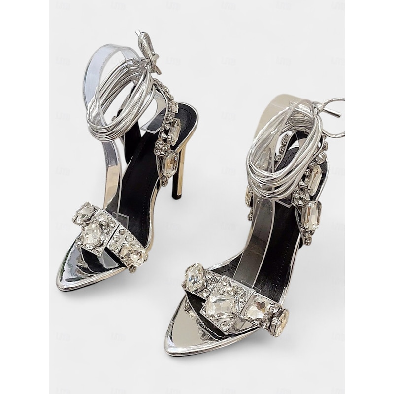 Women's Green Metallic Lace-Up Stiletto Heels with Rhinestone Embellishments – Glamorous Cocktail Party and Evening Sandals4