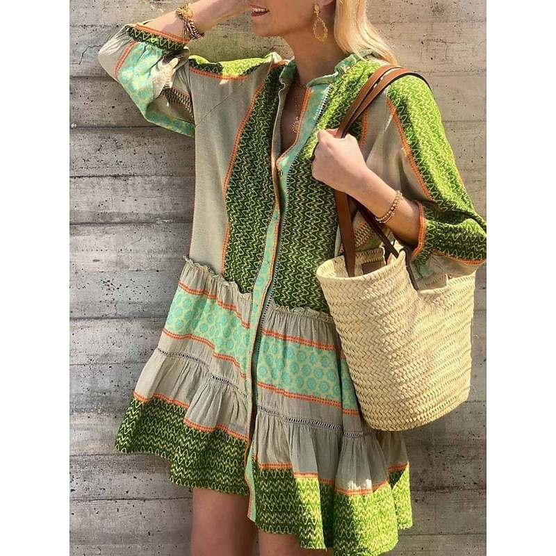 Women's Mini Dress Petite Dress Casual Dress Swing Dress Boho Dress Casual Daily Regular Fit Geometric Long Sleeve Turtleneck Green Summer Spring Fall