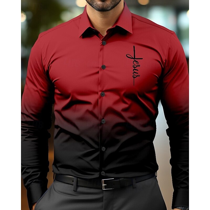 Men's Shirt Summer Shirt Casual Shirt Beach Shirt Button Up Shirt Red Blue Orange Long Sleeve Gradient Cross Lapel Vacation Hawaiian Button-Down Clothing Apparel Polyester Fashion Casual Comfortable3