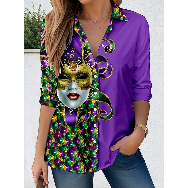 Carnival Women's Shirt Button Down Tunic Shirt Collar Long Sleeve Graphic Casual Regular Tops Daily Going out s Print Purple Green Spring Fall Winter3