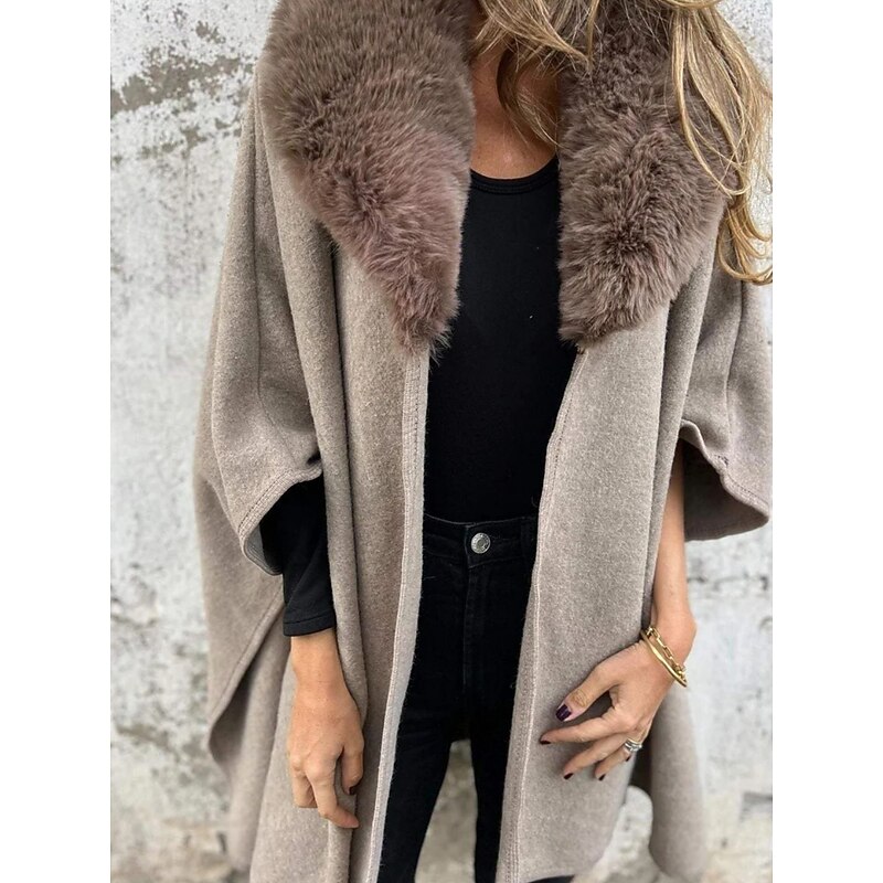 Women's Cloak / Capes Outdoor Street Daily Fall Winter Regular Coat Regular Fit Warm Breathable Comtemporary Stylish Jacket 3/4 Length Sleeve Solid Color Fur Collar Black Khaki Gray