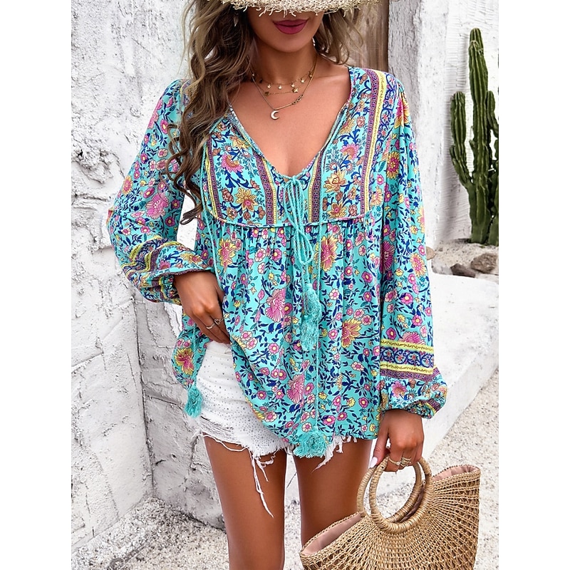 Women's Shirt Blouse Floral Bohemia Ethnic Casual Long Sleeve V Neck Regular Tops Daily Holiday Lace up Print Red Navy Blue Blue Purple Summer Spring3