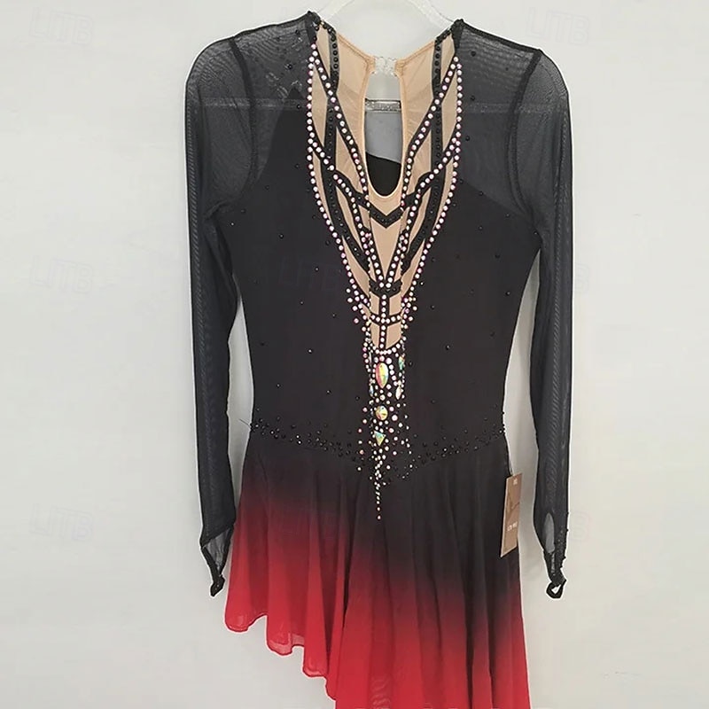 Figure Skating Dress Women's Girls' Ice Skating Dress Black Red White Patchwork High Elasticity Training Competition Skating Wear Classic Crystal / Rhinestone Long Sleeve Ice Skating Figure Skating4