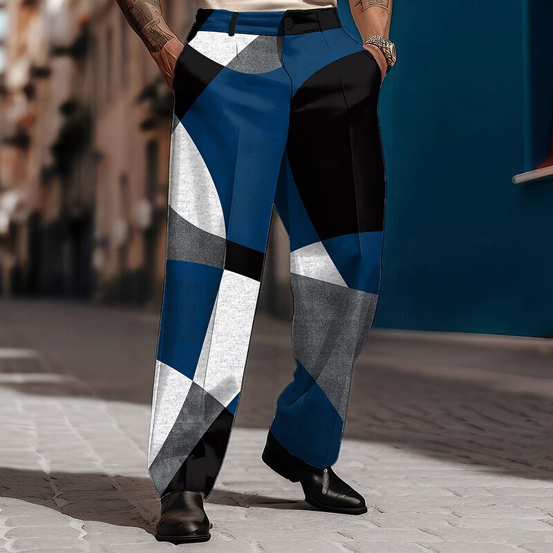 Men's Color Block Geometric Pattern Trousers Dress Pants Mid Waist Casual Vintage Retro Holiday Streetwear Dads Day Gifts Flat-Front Straight Leg Trousers Summer Spring Fall 3D Print Black Wine Blue3