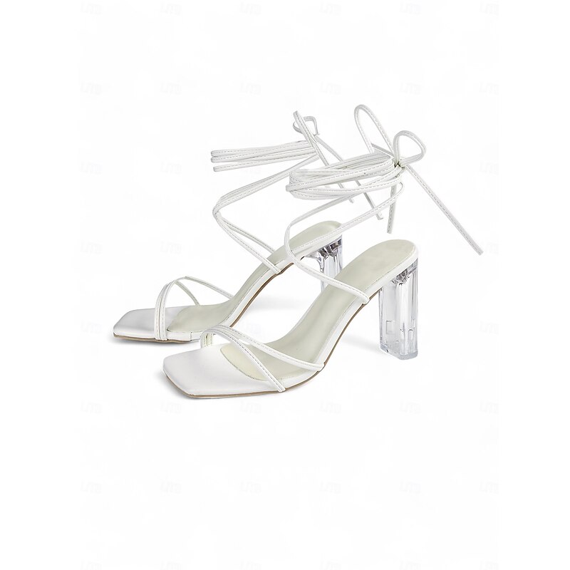 Women's White Strappy Lace-Up Heels with Clear Block Heel and Square Toe – Stylish Sandals for Prom, Weddings, and Summer Outfits4