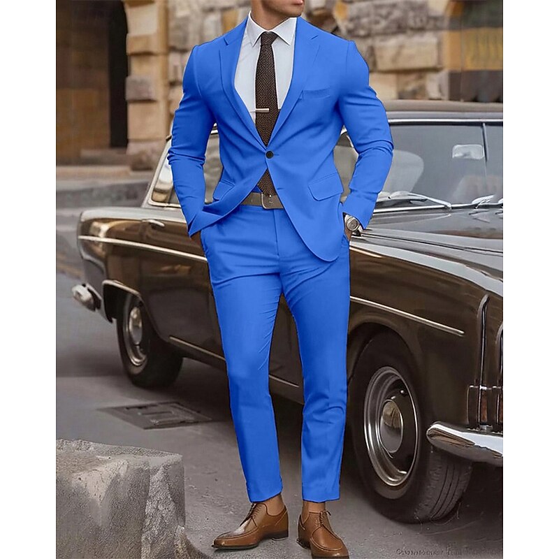 Men's Graduation Blazer Set Business Cocktail Party Wedding Party Fashion Casual Spring &  Fall Polyester Plain Pocket 2 Piece Comfortable Single Breasted Blazer Yellow Pink Royal Blue Blue3