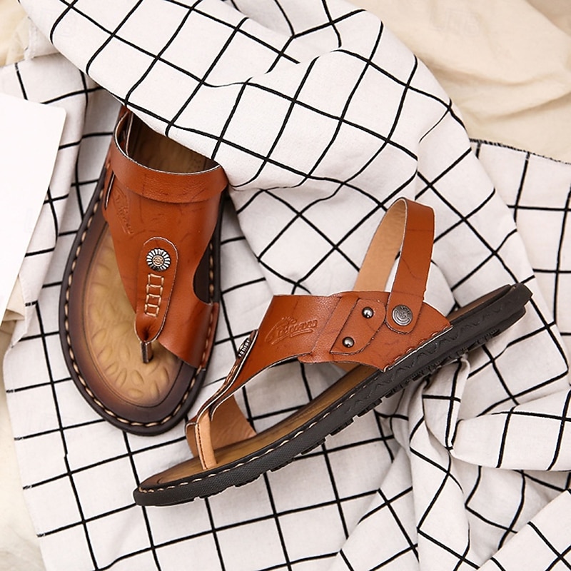Men's Faux Leather Toe-Ring Sandals – Vintage Style Flip-Flops with Decorative Rivets for Casual Summer Beachwear3