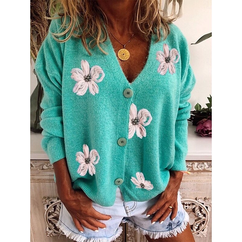 Women's Sweater Cardigan Casual Soft Floral Ribbed V Neck Buttons Knitted Long Sleeve Regular Tops Knit Outdoor Daily Weekend Red Green Fall Winter