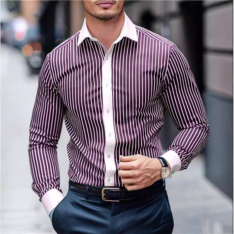 Men's Summer Shirt Casual Shirt Beach Shirt Collared Shirt Button Up Shirt Striped Shirts Black Blue Purple Brown Green Long Sleeve Stripe Lapel Vacation Holiday Button-Down Clothing Apparel Polyester4