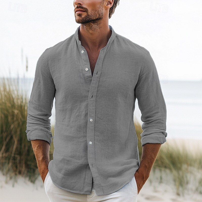 Men's Shirt Summer Shirt Button Up Shirt Black White Pink Long Sleeve Plain Band Collar Spring & Summer Vacation Casual Clothing Apparel4