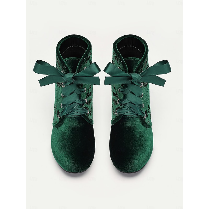 Women's Elegant Green Velvet Lace-Up Ankle Boots with Kitten Heel  Floral Lace Detail Comfortable  for Parties Victorian Cosplay and Special Occasions4