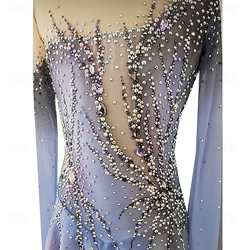Figure Skating Dress Women's Girls' Ice Skating Dress Blue+Light Blue Thumbhole Halo Dyeing High Elasticity Professional Competition Skating Wear Thermal Warm Crystal / Rhinestone Long Sleeve Ice3