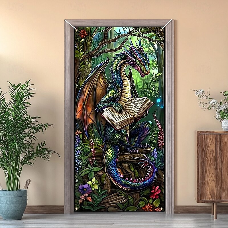 Door Decorations Door Covers Reading Dragon Door Tapestry Door Curtain Decoration Backdrop Indoor/Outdoor Door Banner for Front Door Farmhouse