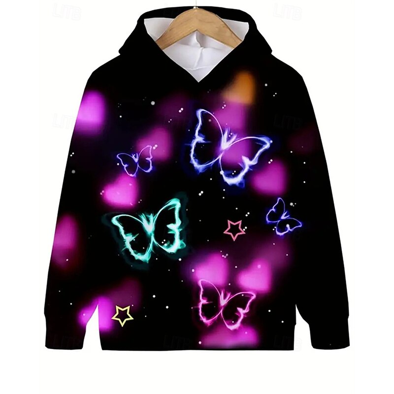 Girls' 3D Graphic Butterfly Hoodie Long Sleeve Spring Fall Fashion Streetwear Kids 4-12 Years Hooded Outdoor Casual Daily Regular Fit