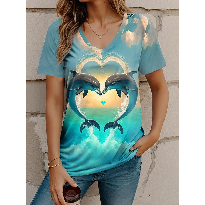 Women's T Shirt Animal Stylish Casual Short Sleeve V Neck Regular Tops Daily Print Blue Summer2