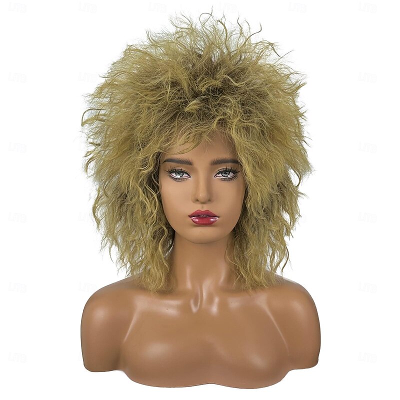 Short Blonde Curly Wig Mullet Blonde Brown Wig with Dark Roots 70s 80s Rocker Wig Two Tone Layered Wig Cosplay Costume Wigs Women Men For Carvinal Halloween Wigs3