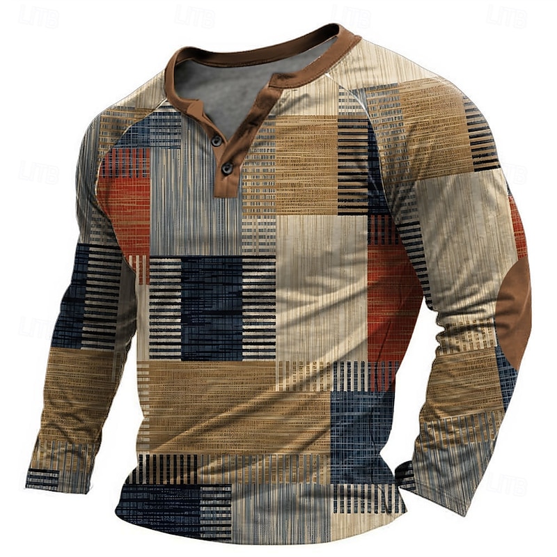 Men's Graphic Patchwork T Shirt Henley Shirt Tee Long Sleeve Designer Basic Classic Outdoor Daily Sports Spring &  Fall Multicolor Black Henley Henley T-Shirt4